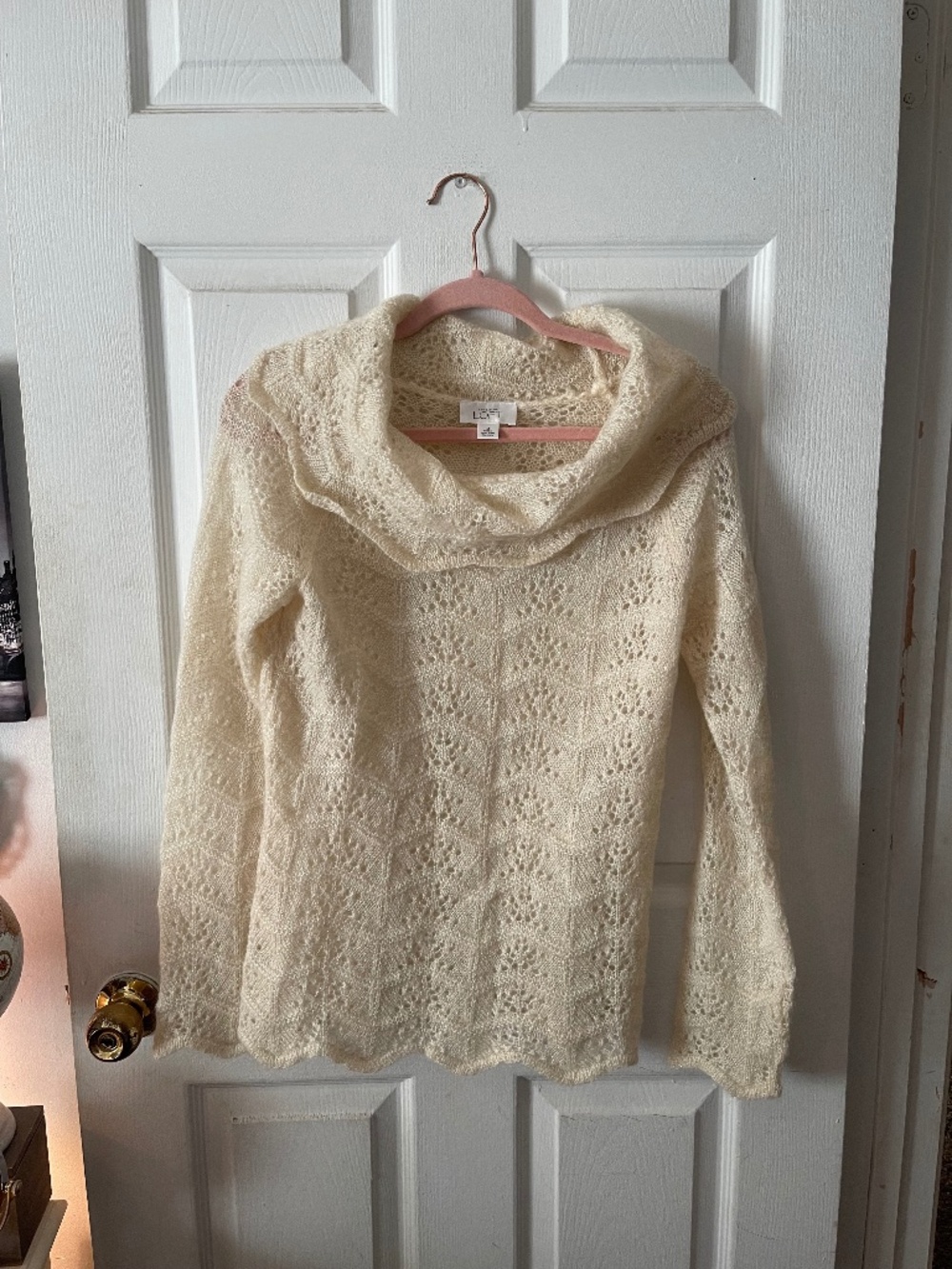 Ann Taylor Loft Women’s Cream Eyelet Sheer Cowl Neck Sweater M Quiet Luxury Cozy